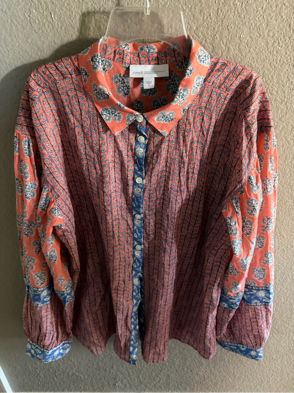 Pure Jill organic cotton floral BoHo button front blouse, medium Cottagecore